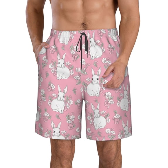 Kdxio Rabbit And Flower Pattern Mens Casual Shorts - Drawstring Summer Beach Sports Shorts for Men