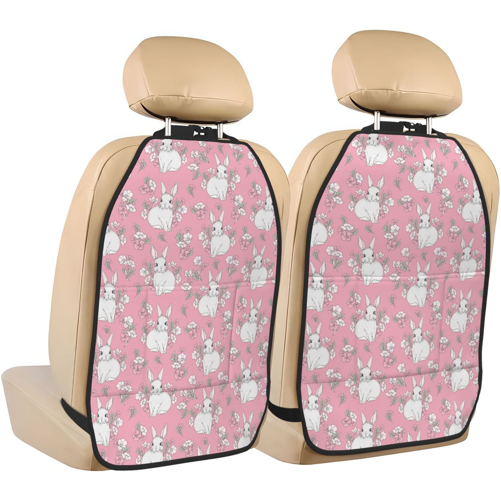 Kdxio Rabbit And Flower Print 2 Pack Car Kick Mat Seat Cover Back Protector Mat with Pockets for Organizer Backseat Protector and Storage Anti Kick Pad for Vehicles