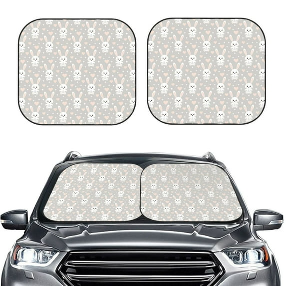 Kdxio Rabbit And Heart Print 2-Piece Sun Shade Front Windshield - Foldable Car Front Window Sunshades for Most Sedans SUV Truck