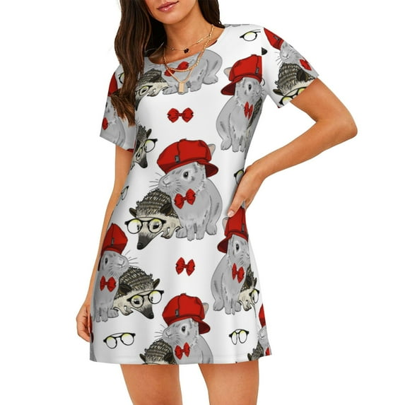 Kdxio Rabbit And Hedgehog Pattern Womens Short Sleeve Sleepshirt Scoopneck Cute Nightdress Ruffle Comfy Nightgown