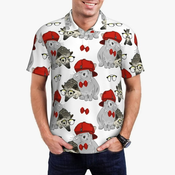 Kdxio Rabbit And Hedgehog Print Men's Short Sleeve Polo Shirt,Midweight Men's Shirt