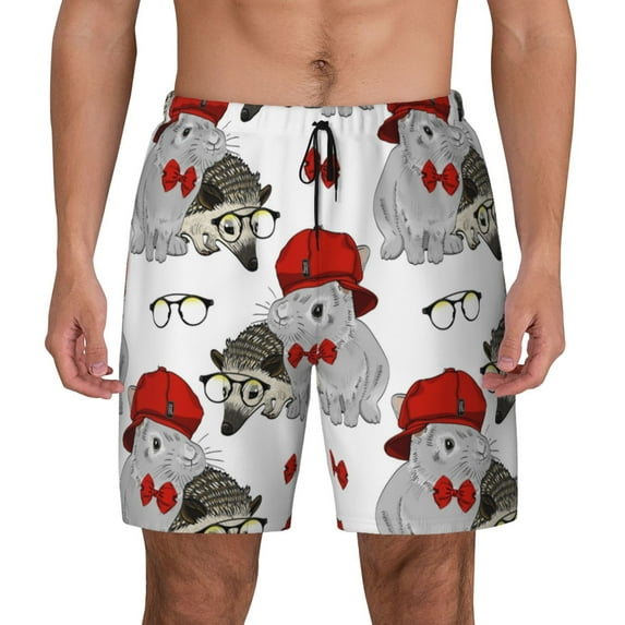 Kdxio Rabbit And Hedgehog Print Men's Swim Trunks with Compression Liner 7 Inch Inseam Quick Dry Swim Shorts