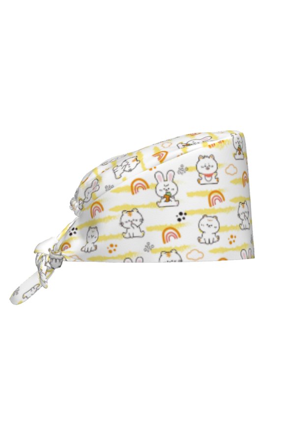 Rabbit And Milk Tea Pattern Turban Hat for Women Men Comfortable Adjustable Cleaning Working Cap with Sweatband