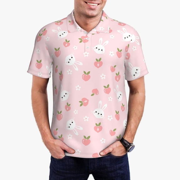 Kdxio Rabbit And Peach Print Men's Short Sleeve Polo Shirt,Midweight Men's Shirt