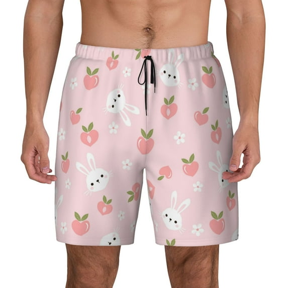 Kdxio Rabbit And Peach Print Men's Swim Trunks with Compression Liner 7 Inch Inseam Quick Dry Swim Shorts