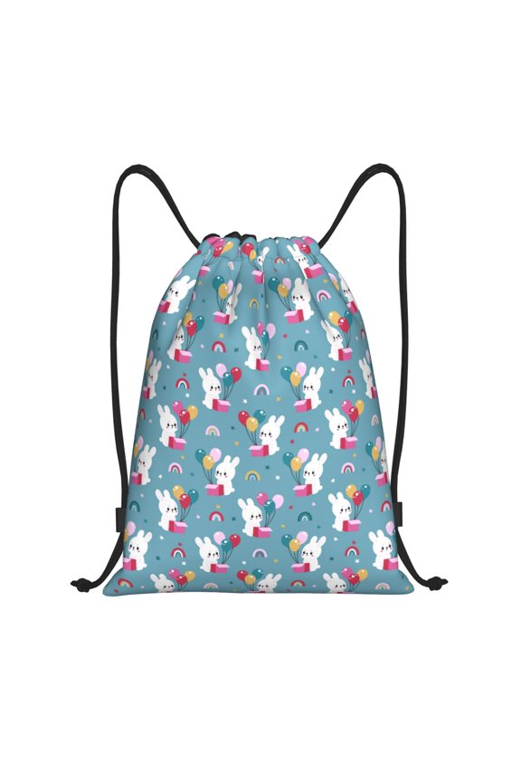Rabbit And Rainbow Print Drawstring Backpack Bag,Waterproof Draw String Back Sack, Gym Drawstring Bags Swim Bag For Unisex