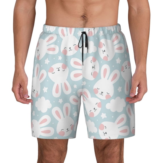 Kdxio Rabbit And Star Print Men's Swim Trunks with Compression Liner 7 Inch Inseam Quick Dry Swim Shorts