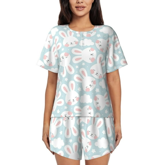 Kdxio Rabbit And Star Print Pajamas Sets for Women Short-Sleeved Pjs with Lounge Shorts Two Piece Sleepwear S-4XL