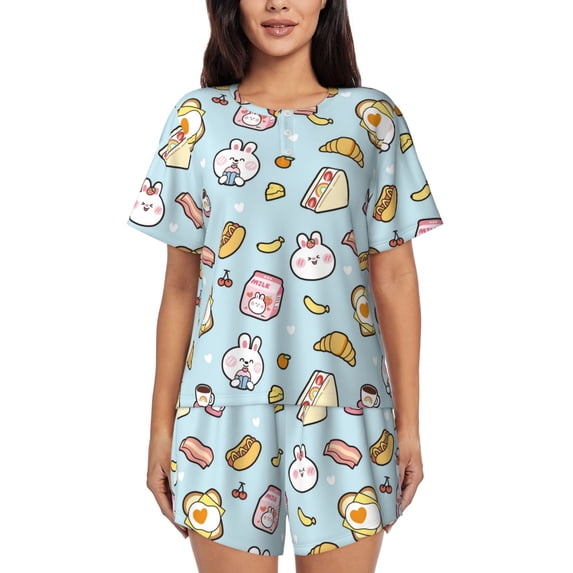 Kdxio Rabbit Burger Coffee Print Pajamas Sets for Women Short-Sleeved Pjs with Lounge Shorts Two Piece Sleepwear S-4XL