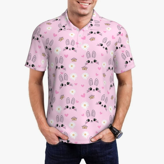 Kdxio Rabbit Face Print Men's Short Sleeve Polo Shirt,Midweight Men's Shirt