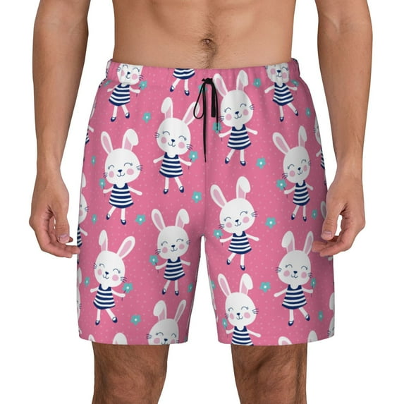 Kdxio Rabbit Holding Flowers Print Men's Swim Trunks with Compression Liner 7 Inch Inseam Quick Dry Swim Shorts
