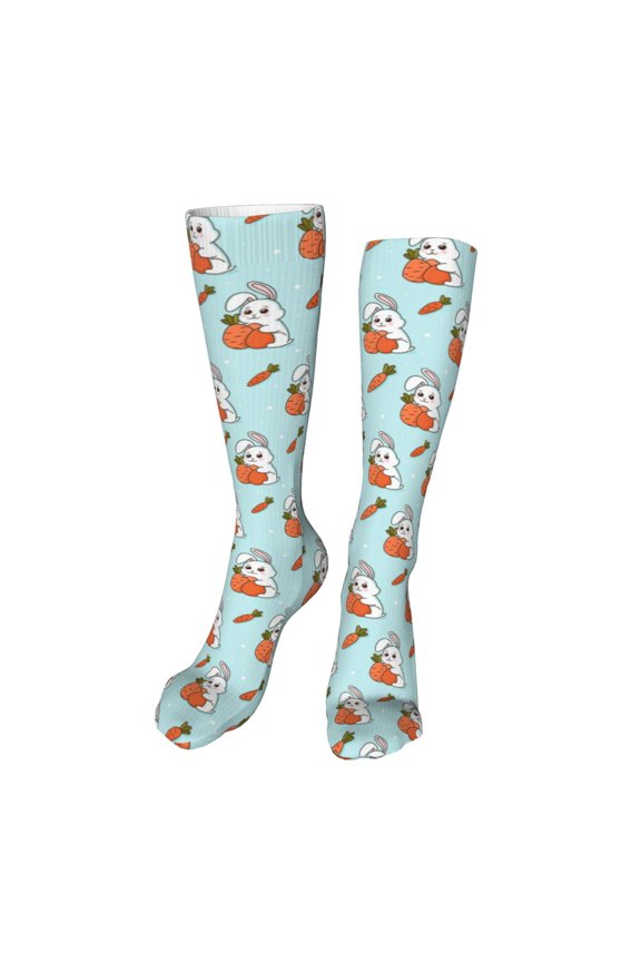 Rabbit Is Eating Carrots Funny Silky Novelty Funky Long Knee High Socks Soft 3D Print Cosplay Crazy Stockings for Men Women