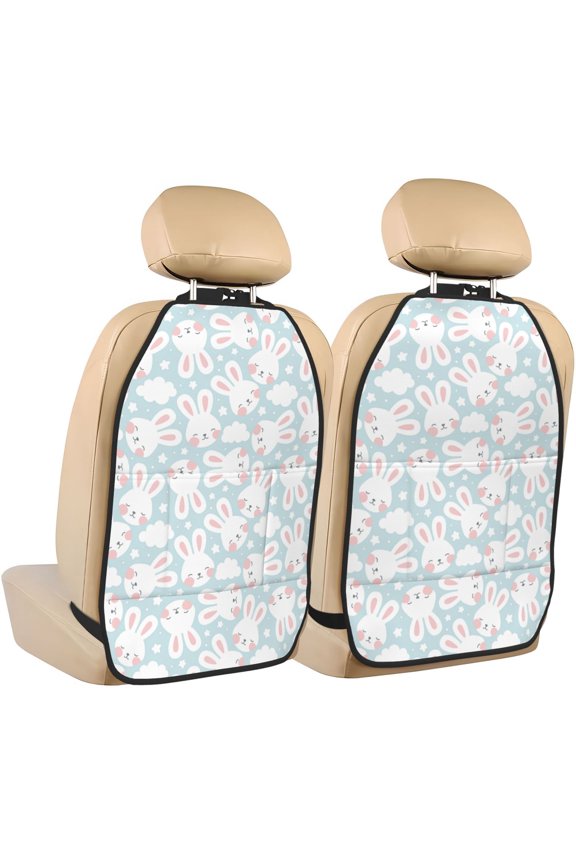 Rabbit And Star Print 2 Pack Car Kick Mat Seat Cover Back Protector Mat with Pockets for Organizer Backseat Protector and Storage Anti Kick Pad for Vehicles