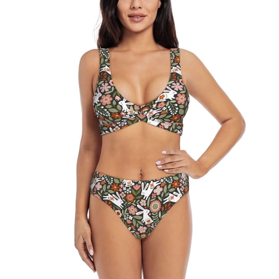 Kdxio Rabbits on Floral Print Women's 2 Piece High Waisted Wrap Spaghetti Strap Summer Swimsuit Bikini Set-