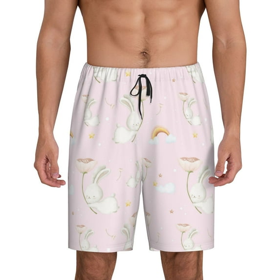 Kdxio Rainboe And Rabbit Print Mens Sleep Shorts Bottoms Soft Comfy Pajama Wear Pants with Drawstring Pockets