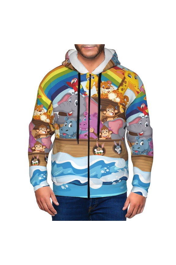 Rainbow Animals on Noah's Ark Print Men Hoodies Casual Hoodies for Men with Zip Pockets Full Zip Long Sleeve Sweatshirt Sports Hooded Jacket-3X-Large