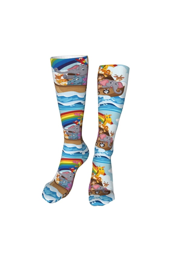 Rainbow Animals on Noah's Ark Funny Silky Novelty Funky Long Knee High Socks Soft 3D Print Cosplay Crazy Stockings for Men Women