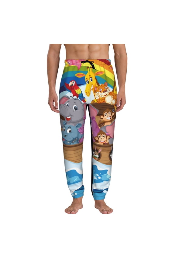 Rainbow Animals on Noah's Ark Pattern Joggers,Sweatpants for Men with Pockets-Small