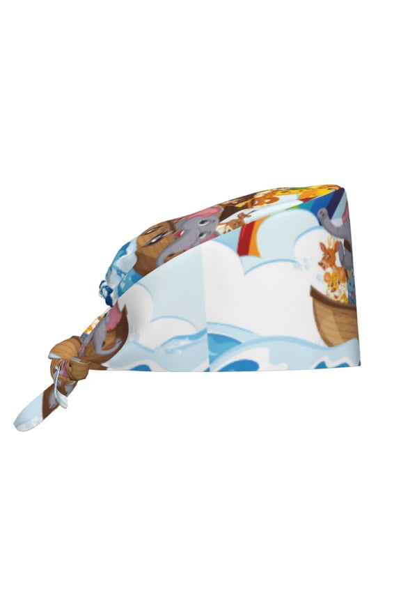 Rainbow Animals on Noah's Ark Pattern Turban Hat for Women Men Comfortable Adjustable Cleaning Working Cap with Sweatband