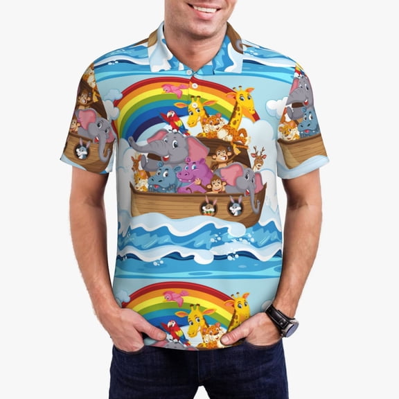 Kdxio Rainbow Animals on Noah's Ark Print Men's Short Sleeve Polo Shirt,Midweight Men's Shirt