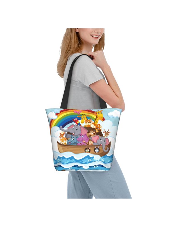 Rainbow Animals on Noah's Ark Women Reusable Grocery Bags Foldable Ripstop,Reusable Shopping Bags for Shopping,Gym,Gift