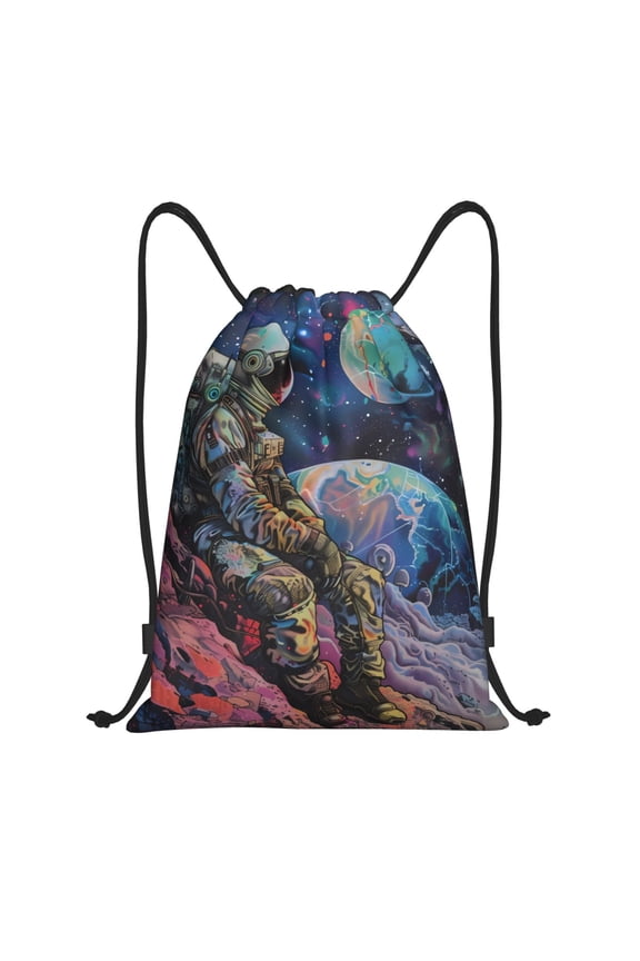 Rainbow Astronaut Space Landscape Print Drawstring Backpack Bag,Waterproof Draw String Back Sack, Gym Drawstring Bags Swim Bag For Unisex