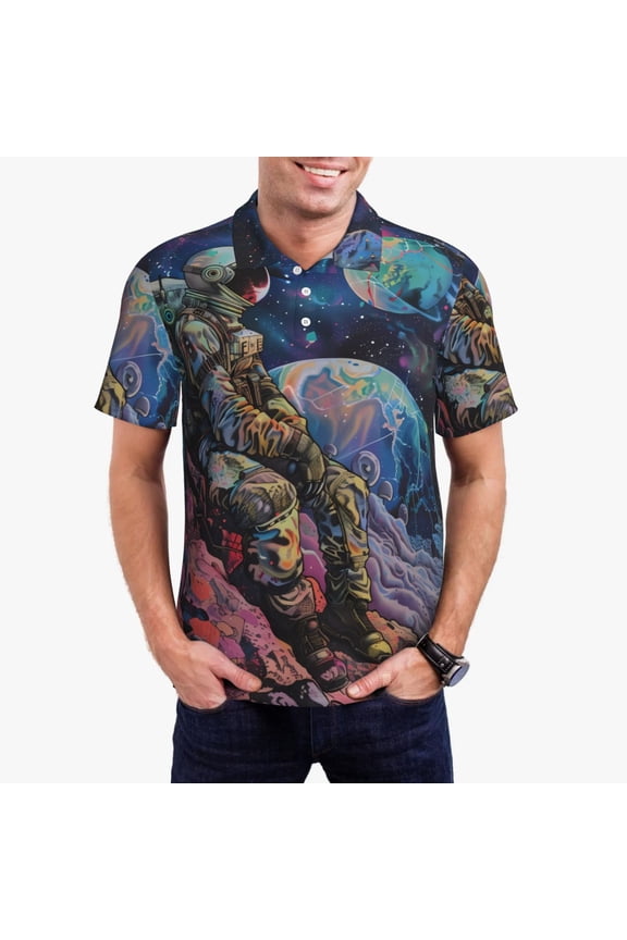 Rainbow Astronaut Space Landscape Print Men's Short Sleeve Polo Shirt,Midweight Men's Shirt-Small