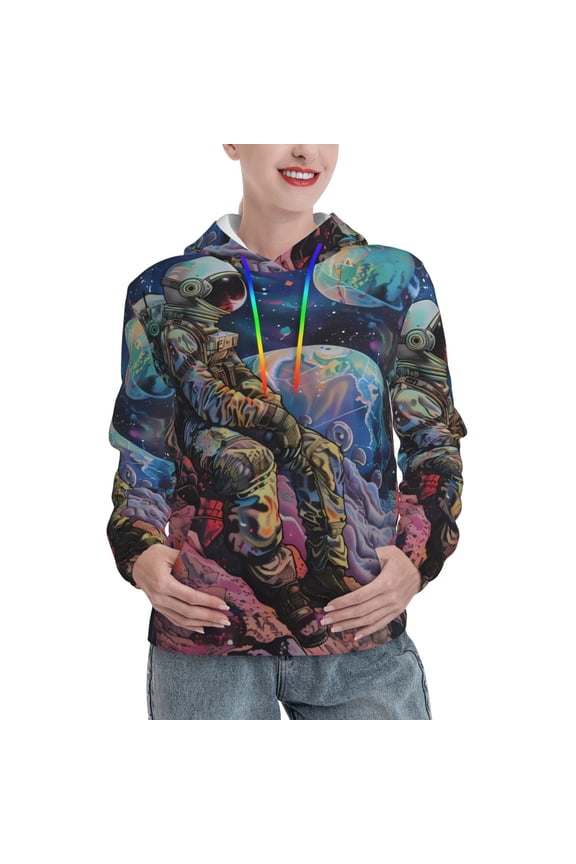 Rainbow Astronaut Space Landscape Print Womens Oversized Hoodies Sweatshirts Hooded Pullover Tops Sweaters Casual-Medium