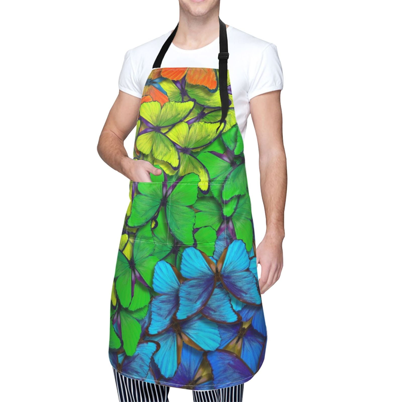 Kdxio Rainbow Butterflies Apron with Pockets Adjustable Kitchen Aprons for Men Women Waterproof Aprons for Cooking,Drawing,Crafting, Baking Household Cleaning