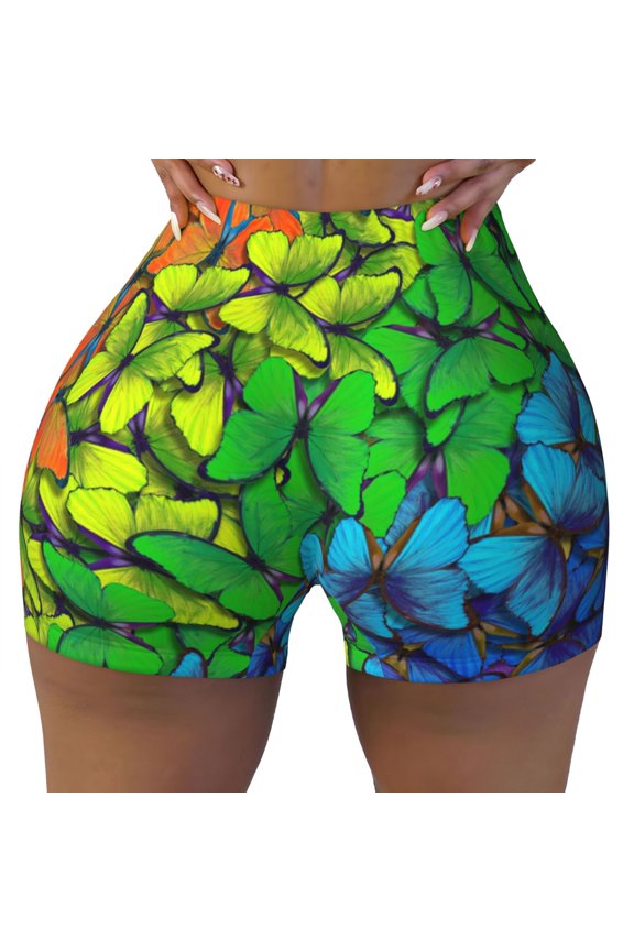 Rainbow Butterflies Print Workout Shorts for Women Seamless Soft Smooth Gym Yoga Scrunch Active Shorts