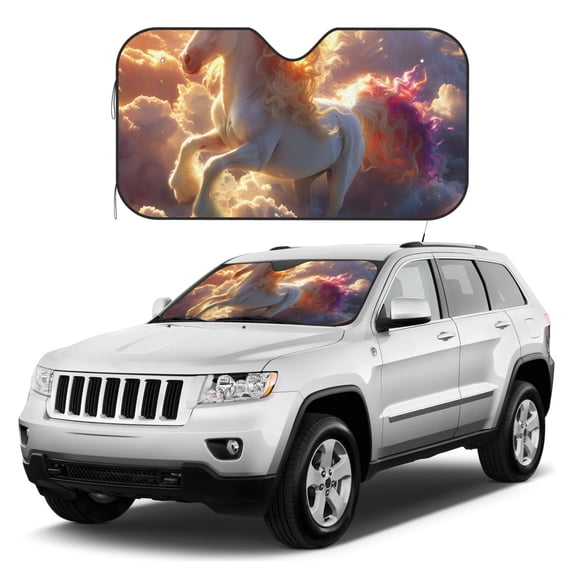 Kdxio Rainbow Cloud White Horse Print Windshield Sun Shade, Foldable Sun Blocker for Car,Truck,SUV Automotive Interior Sun Protection,Reflective Shade for Front Windshield(Small)