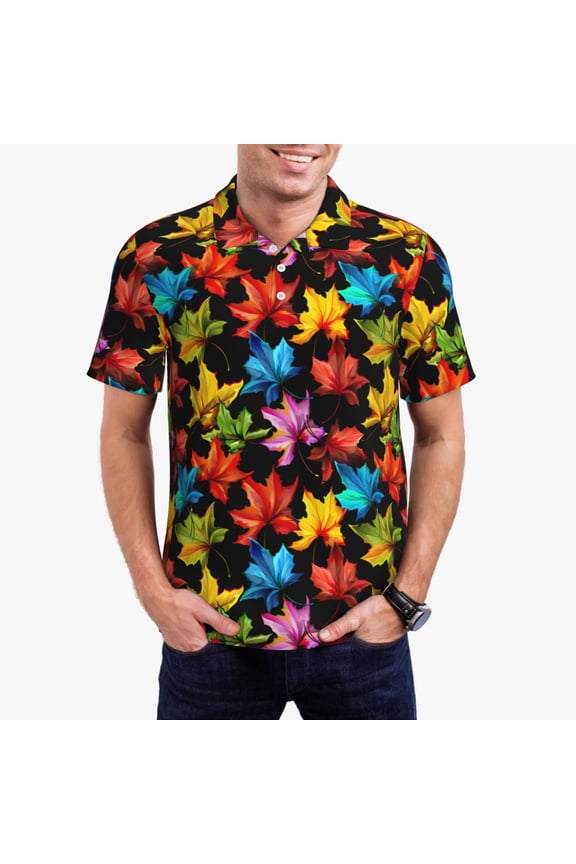 Rainbow Colorful Maple Leaves Print Men's Short Sleeve Polo Shirt,Midweight Men's Shirt-X-Large