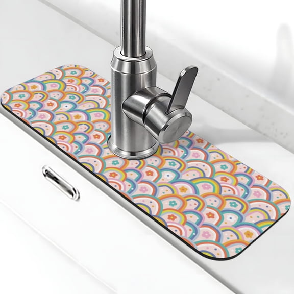 Kdxio Rainbow Flowers Pattern Non-Slip Diatom Mud Faucet Drain Pad,Self Absorbent Mat for Kitchen Sink for Variety Kitchen & Bathroom Countertops