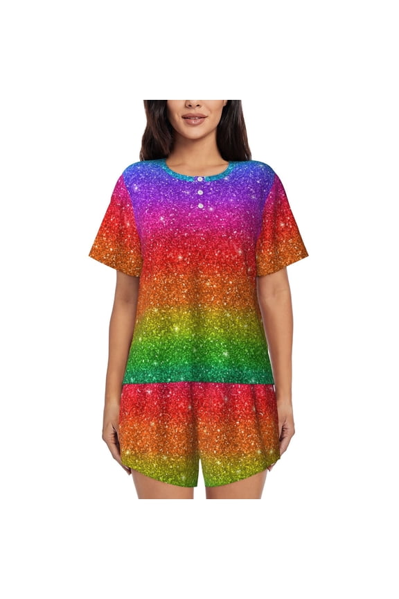 Rainbow Glitter Print Pajamas Sets for Women Short-Sleeved Pjs with Lounge Shorts Two Piece Sleepwear S-4XL
