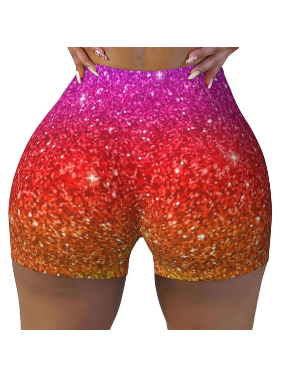 Rainbow Glitter Print Workout Shorts for Women Seamless Soft Smooth Gym Yoga Scrunch Active Shorts