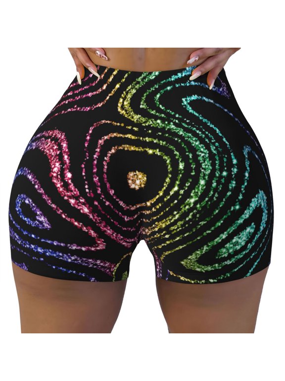 Rainbow Glitter Print Workout Shorts for Women Seamless Soft Smooth Gym Yoga Scrunch Active Shorts