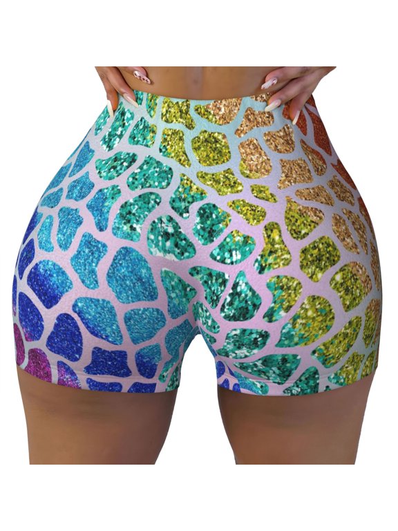 Rainbow Glitter Print Workout Shorts for Women Seamless Soft Smooth Gym Yoga Scrunch Active Shorts