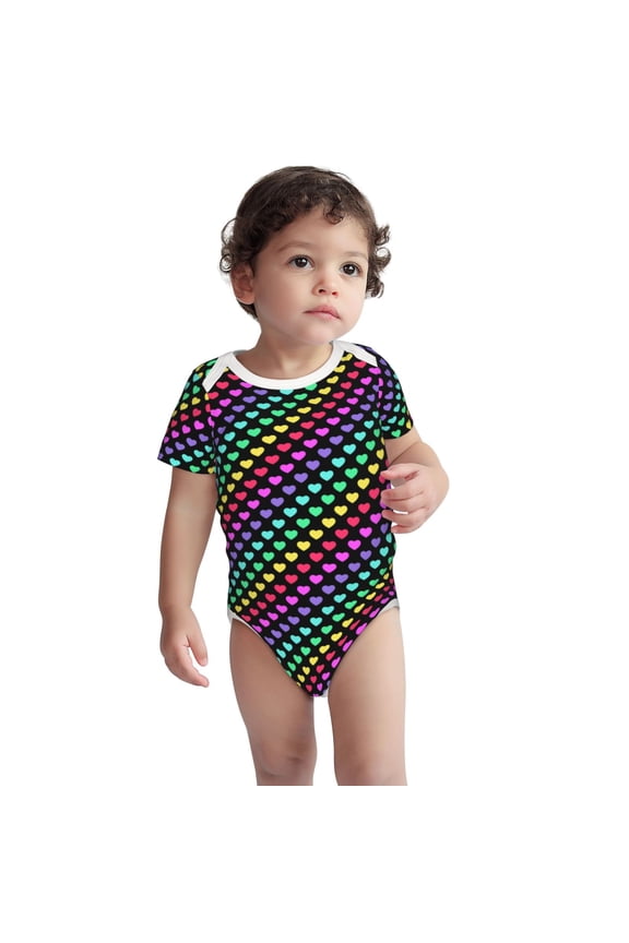Rainbow Hearts Pattern Unisex Baby Cotton Short Sleeve Bodysuits-3 Months