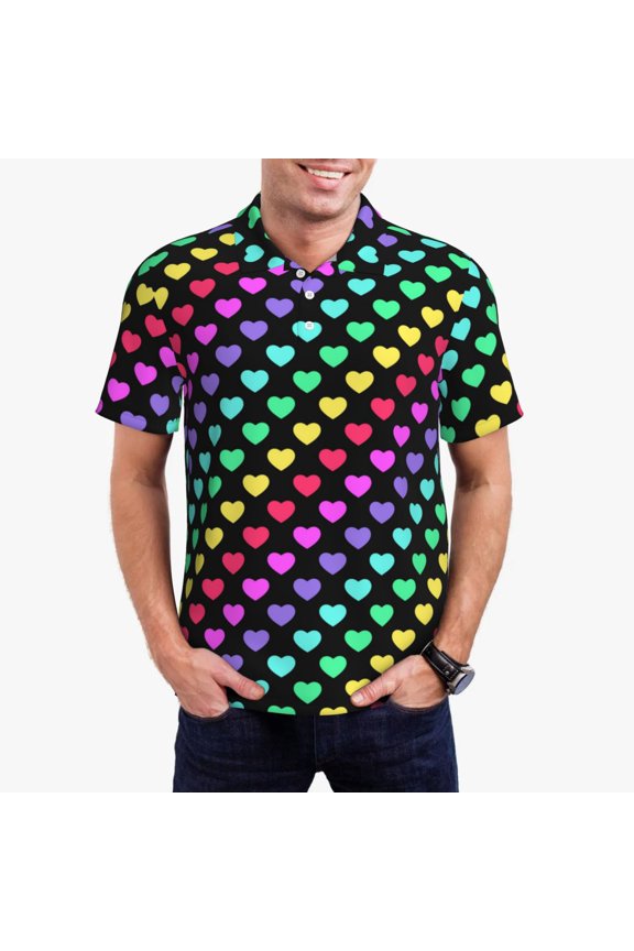 Rainbow Hearts Print Men's Short Sleeve Polo Shirt,Midweight Men's Shirt