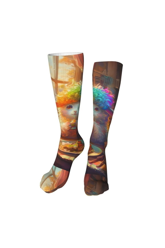 Rainbow Lamb Breakfast Funny Silky Novelty Funky Long Knee High Socks Soft 3D Print Cosplay Crazy Stockings for Men Women