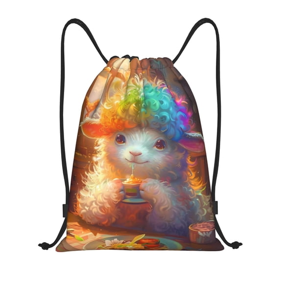 Kdxio Rainbow Lamb Breakfast Print Drawstring Backpack Bag,Waterproof Draw String Back Sack, Gym Drawstring Bags Swim Bag For Unisex