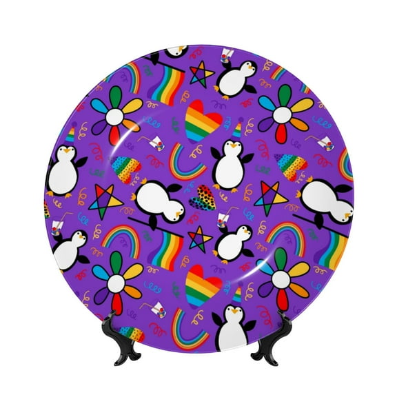 Kdxio Rainbow Lgbt Penguin Bone China Decorative Plate Ceramic Decorative Plate for Home Office Wall Stand Decorative Plates for Home Bedroom-10in