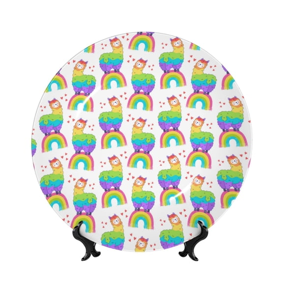 Kdxio Rainbow Llama Bone China Decorative Plate Ceramic Decorative Plate for Home Office Wall Stand Decorative Plates for Home Bedroom-7in