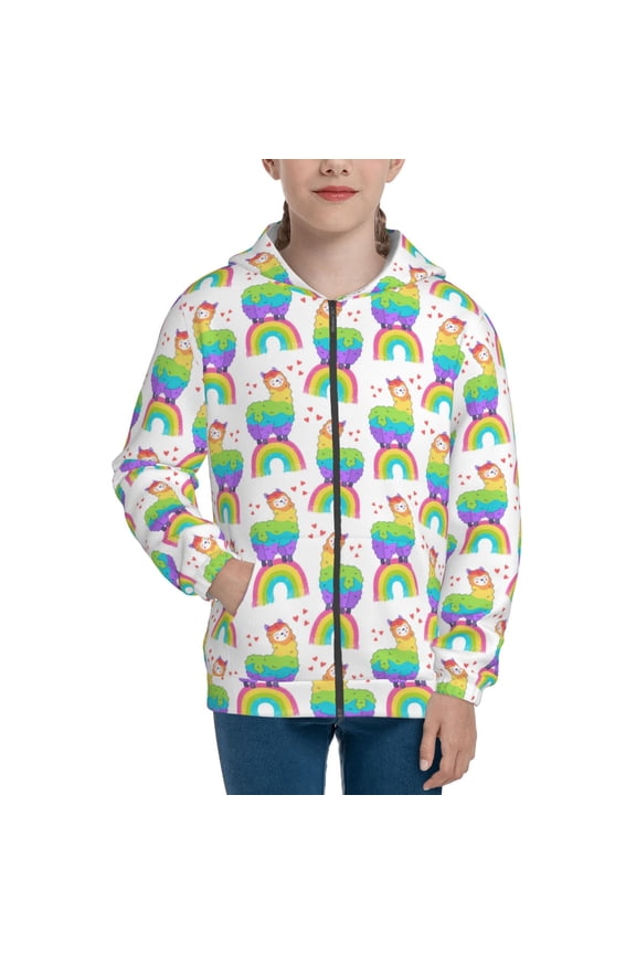 Rainbow Llama Pattern Kids Boys Girls Zip Up Hoodie 3D Printed Hooded Sweatshirt Hoody Coat with Pocket 7-12 Y-Small