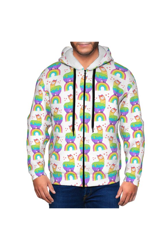 Rainbow Llama Print Men Hoodies Casual Hoodies for Men with Zip Pockets Full Zip Long Sleeve Sweatshirt Sports Hooded Jacket-Large