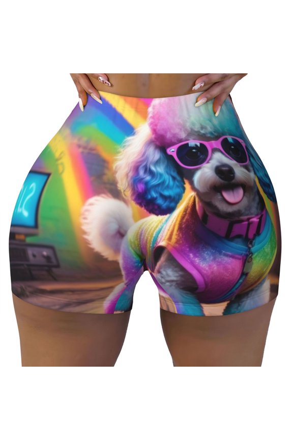Rainbow Poodle Urban Street Print Workout Shorts for Women Seamless Soft Smooth Gym Yoga Scrunch Active Shorts