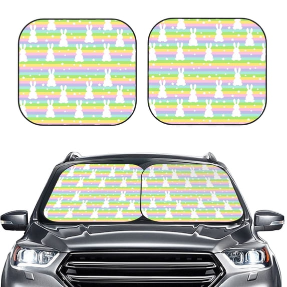 Kdxio Rainbow Rabbit Print 2-Piece Sun Shade Front Windshield - Foldable Car Front Window Sunshades for Most Sedans SUV Truck