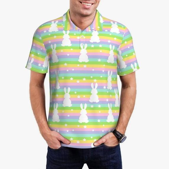 Kdxio Rainbow Rabbit Print Men's Short Sleeve Polo Shirt,Midweight Men's Shirt