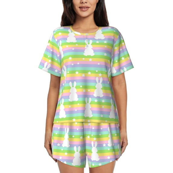 Kdxio Rainbow Rabbit Print Pajamas Sets for Women Short-Sleeved Pjs with Lounge Shorts Two Piece Sleepwear S-4XL