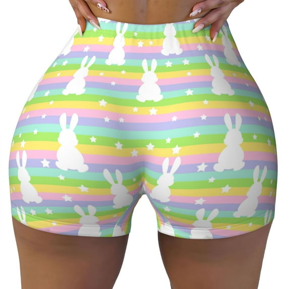 Kdxio Rainbow Rabbit Print Workout Shorts for Women Seamless Soft Smooth Gym Yoga Scrunch Active Shorts